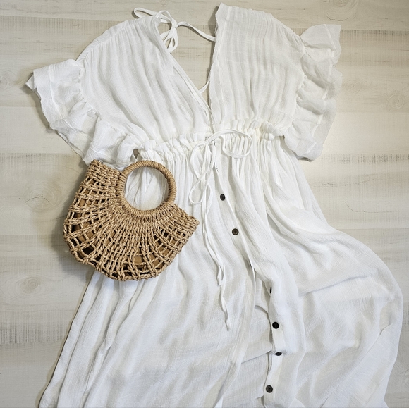 New Flowy Plunge Maxi Gauze Cover Up Dress Summer White